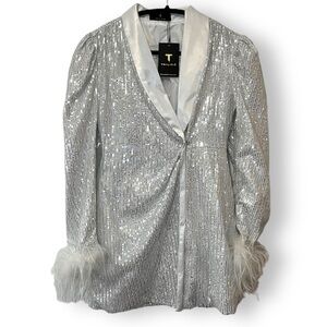 Thiliko Silver Sequin Satin Lined Long Blazer w/ white boa feather trim NWT